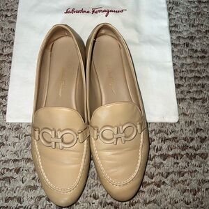 Salvatore Ferragamo Tan Leather Flats with Gancini Detail